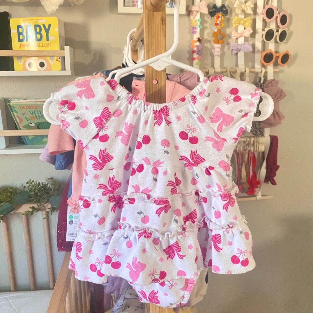 Pink and White Baby Dress with Cherry Print
